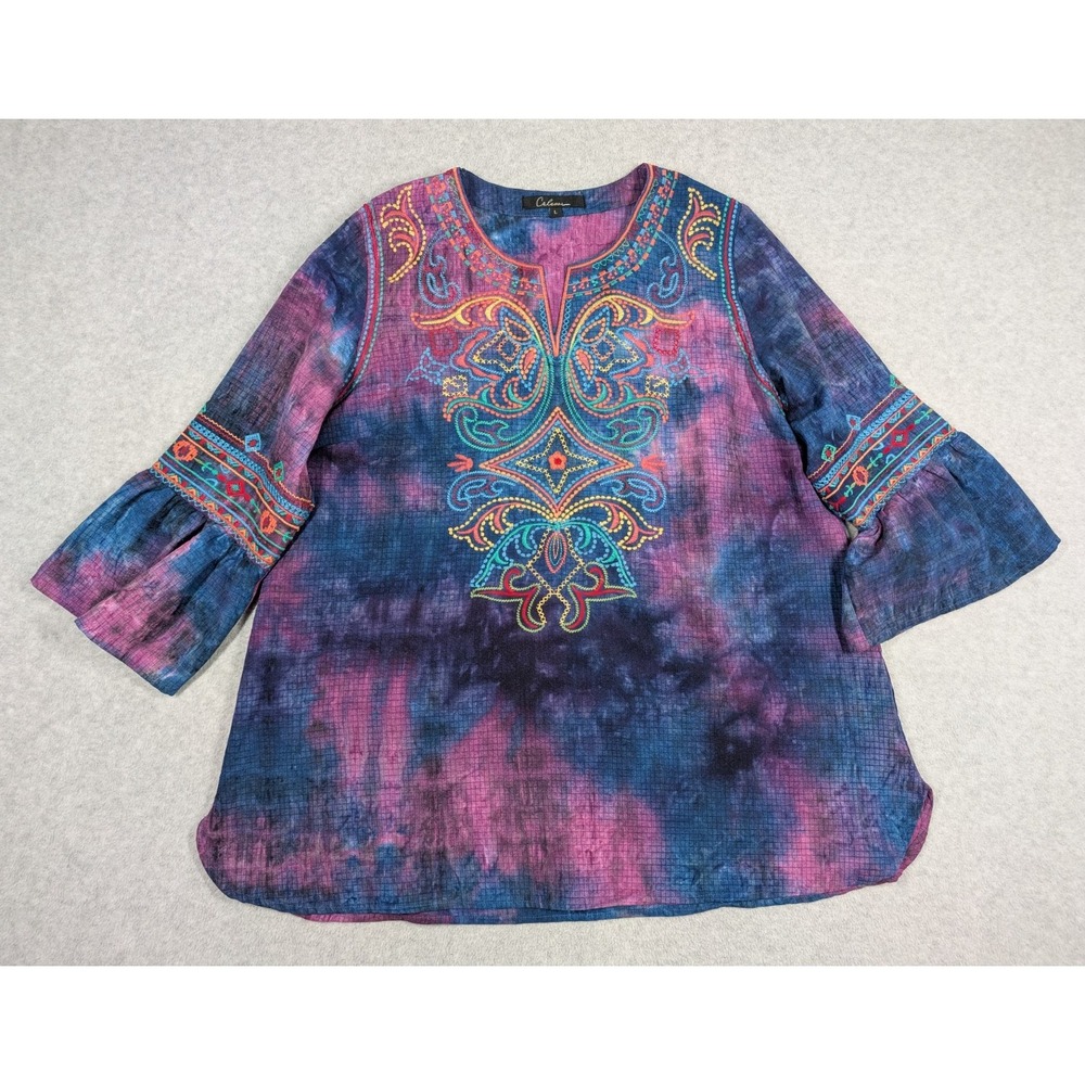 Calessa Women Top Large Tie Dyed Embroidered Art to Wear Funky‎ Hippie
